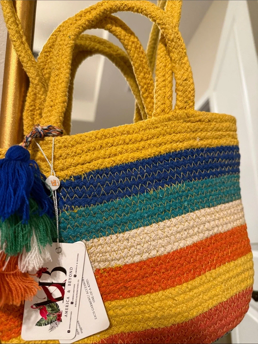 Multicolor Crochet Stripe Tote Bag with Tassel - Yellow Accent